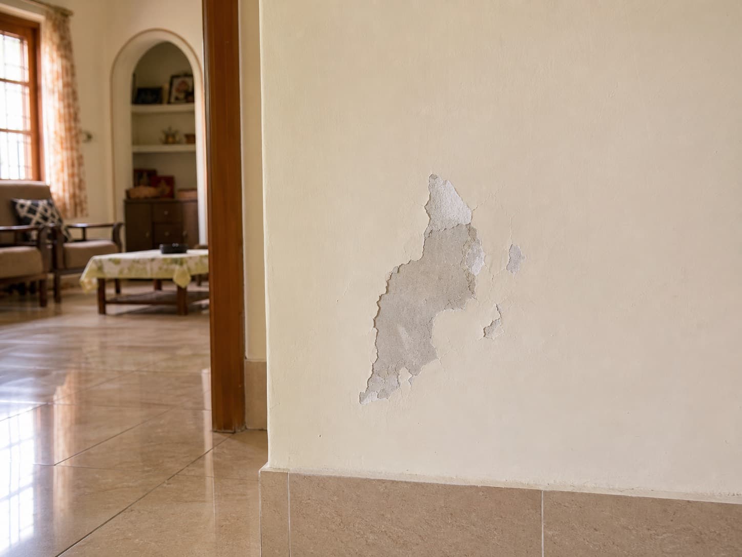 Painted wall with peeling and flaking coating lifting away from the surface