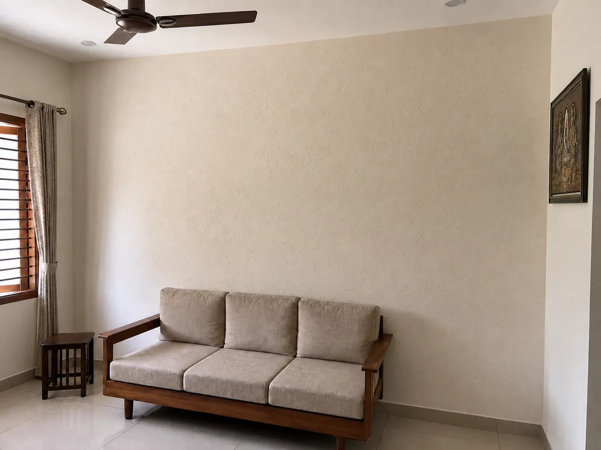 Same illustrative feature wall with a refined warm mineral texture finish