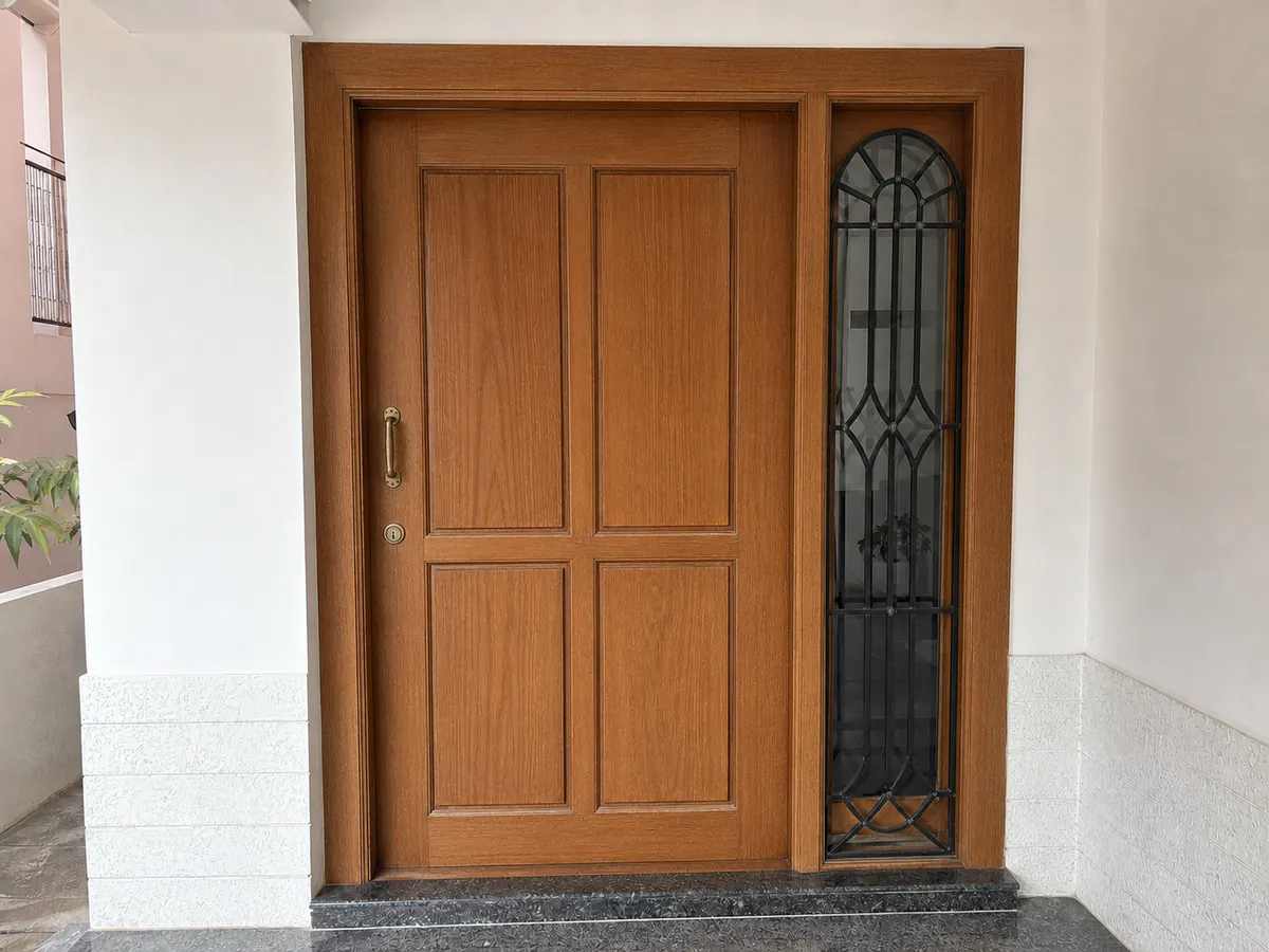 Same illustrative wooden front door after preparation and natural polishing