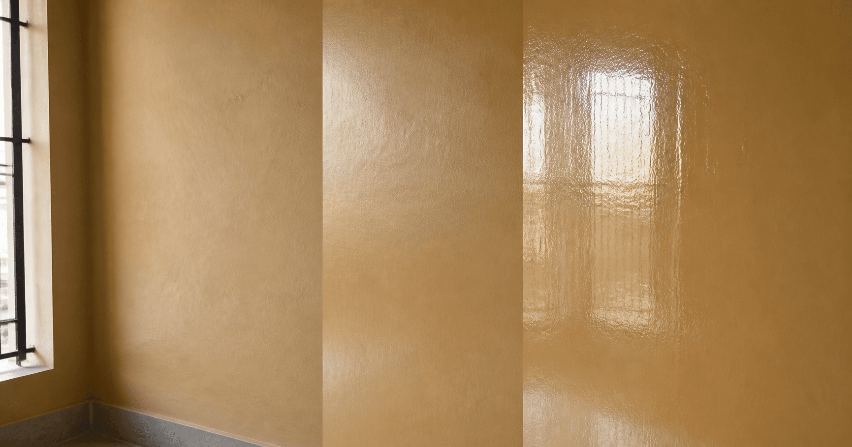 Matt, satin and gloss paint swatches side by side on one wall in the same muted ochre